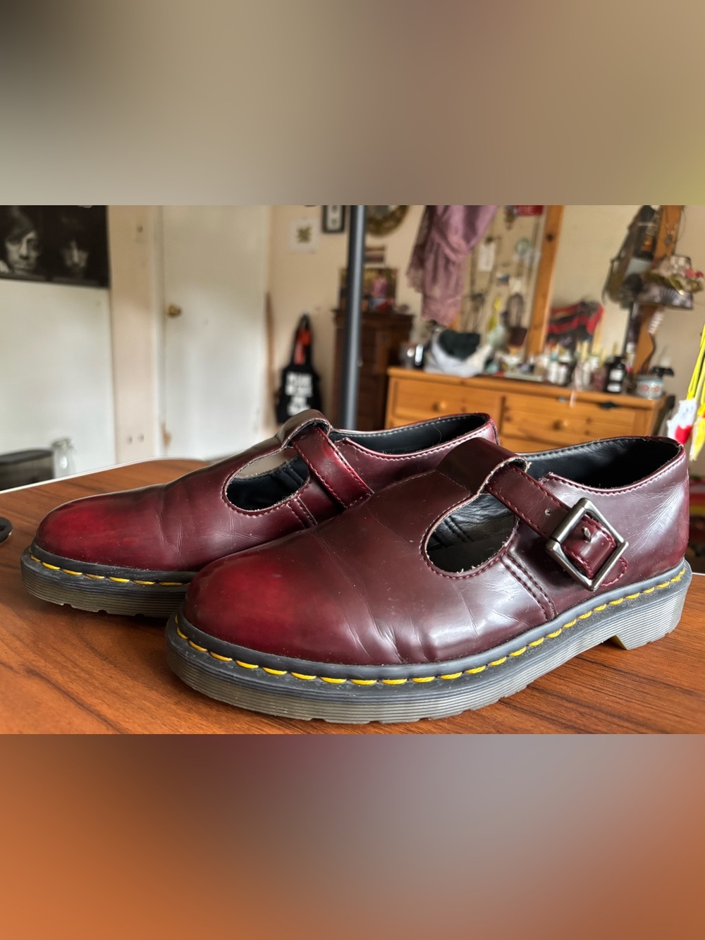Dr. Martens Burgundy Mary Jane Loafers with Yellow Stitching